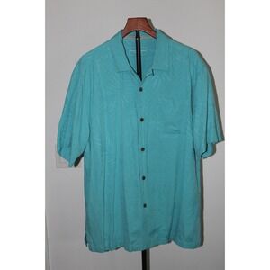 Tommy Bahama Mens 100% Silk Hawaiian Shirt Turquoise Palm Leaf Print Size L‎